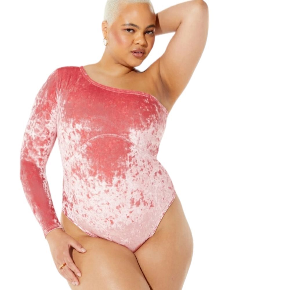 Yitty Plushy Blushy Pink Velour Back Cut Out One Shoulder Bodysuit